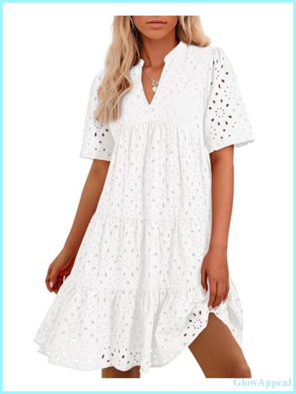 Boho Eyelet Mini Summer Dress V-Neck Short Sleeve Flowy A-Line Shell 100% Cotton